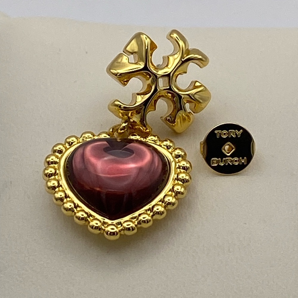 Tory Burch Roxanne heart drop earrings - gold tone and w purple heart - Picture 4 of 4